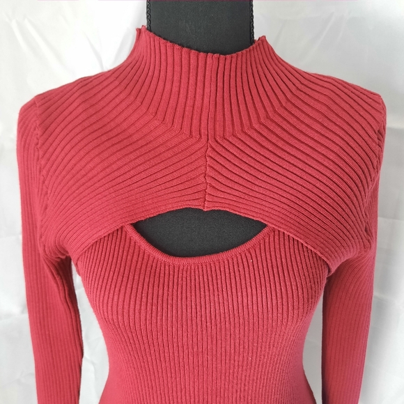 Almost Famous Bodycon Sweater Dress Sz Lg/Med Burgundy Wine Red Cutout Ribbed - Picture 3 of 11